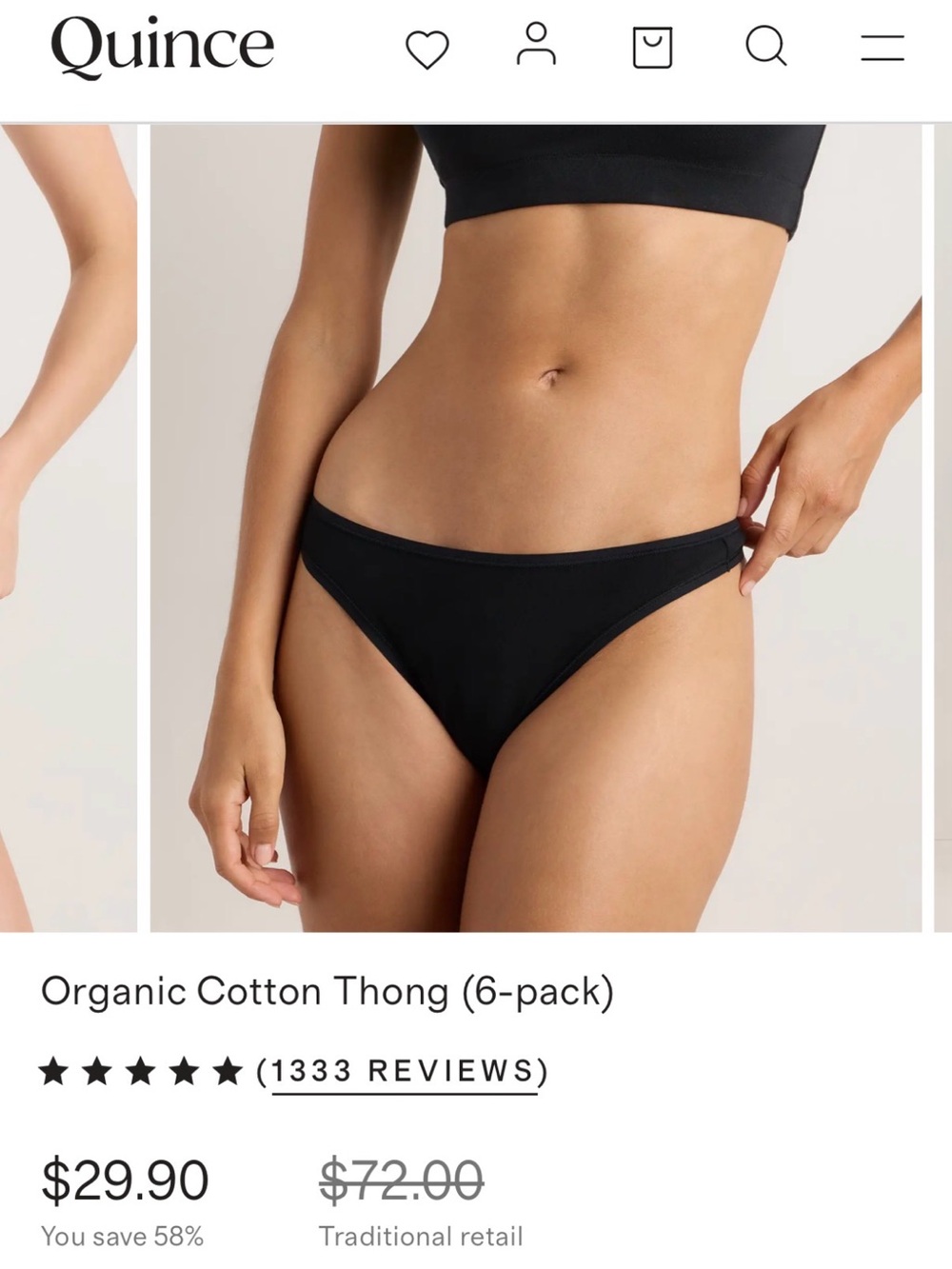 Quince Organic Cotton Thong (Black) - 6-Pack. NEVER OPENED